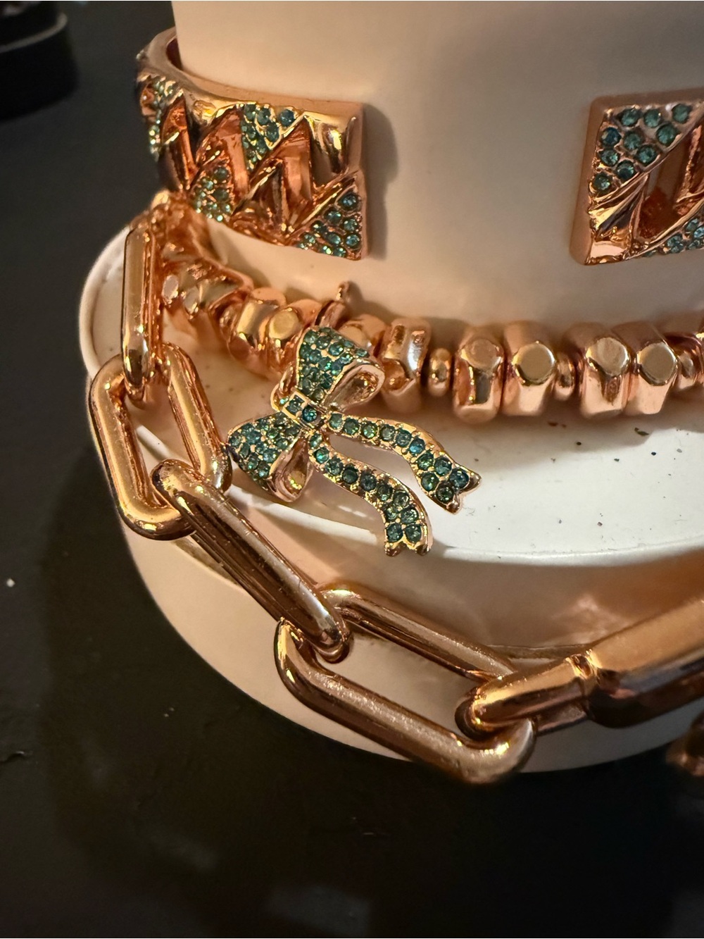 Rose Gold Bracelet Stack with Teal Crystal Bow Charm